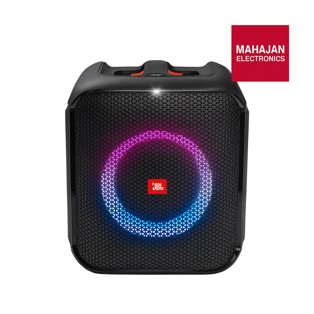 Black portable speaker with colorful lighting effects and JBL logo, branded by Mahajan Electronics.