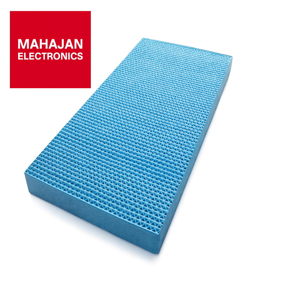 Blue honeycomb filter with Mahajan Electronics logo on a white background