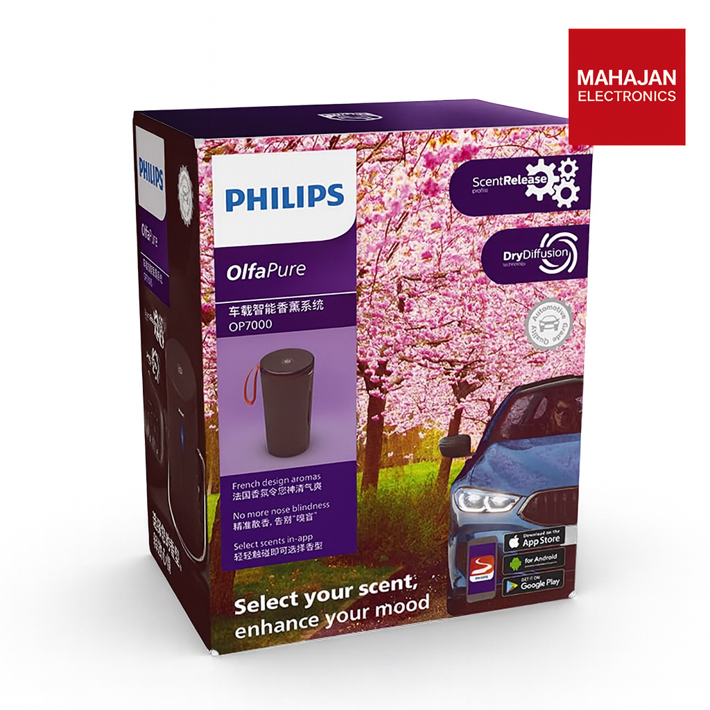 Philips OlfaPure car air freshener packaging with cherry blossom design and Mahajan Electronics logo.