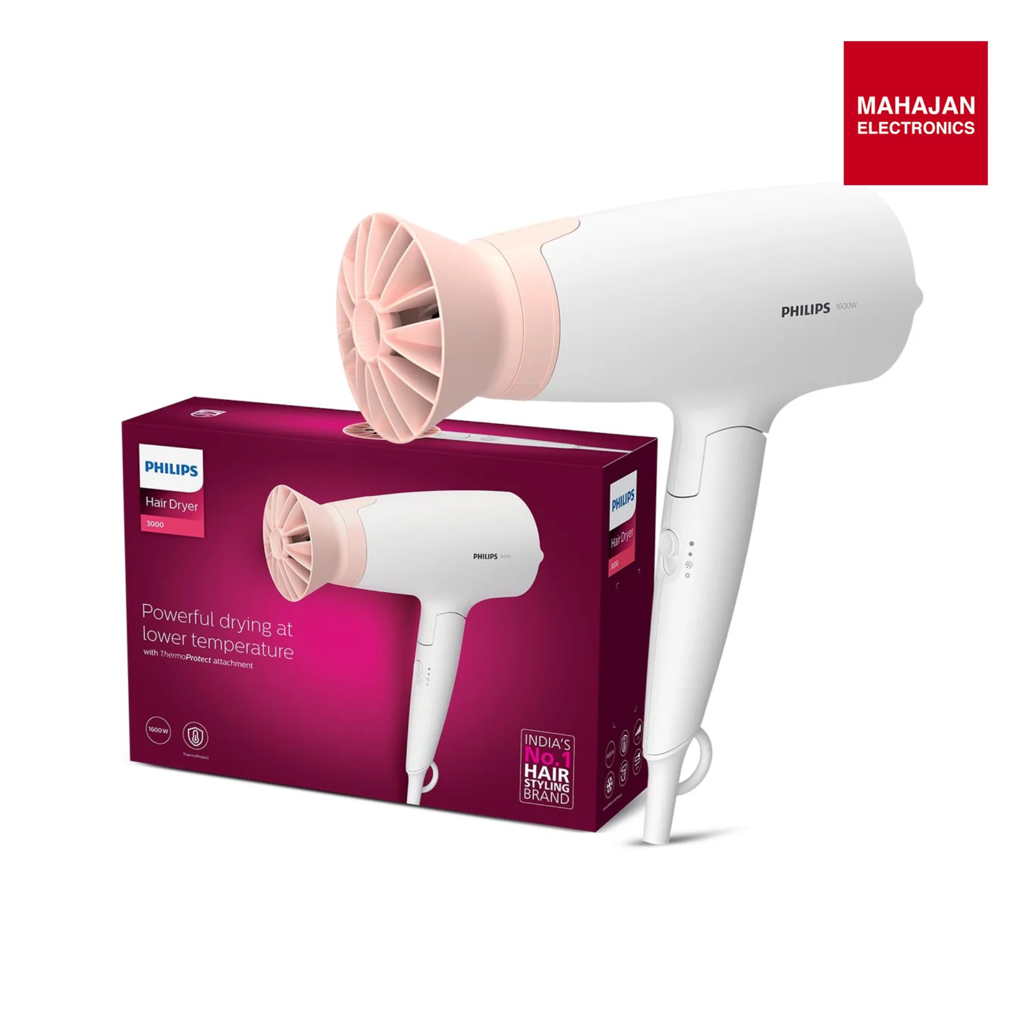 Philips BHD308/30 Foldable Hair Dryer 1600 Watts| Heat Settings with Cool Shot (Hot/Cool/Warm) | ThermoProtect Airflower Attachment- Pink | White | Perfect Blow Dry & Style for Men and Women | 2 years Warranty Philips