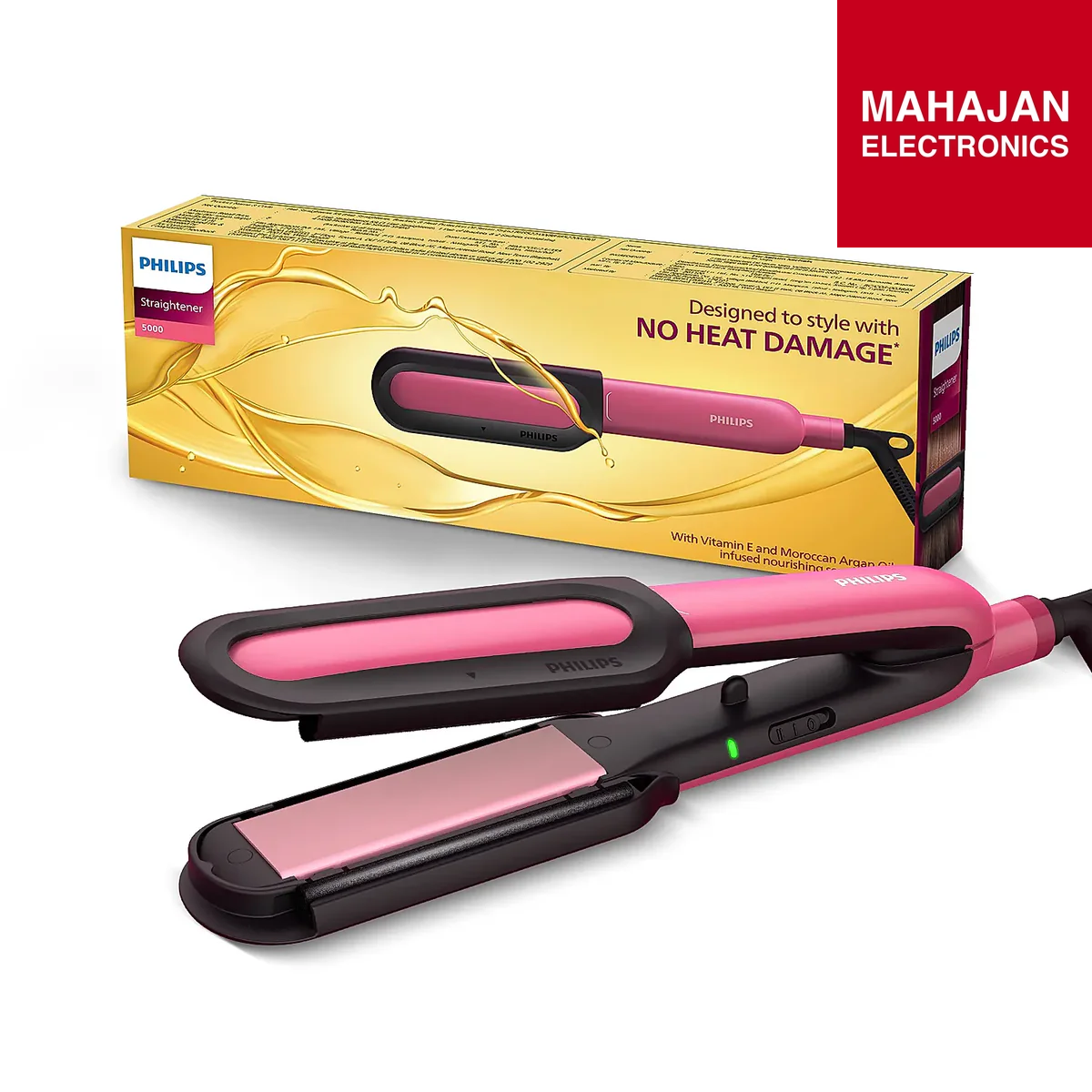 Pink and black Philips hair straightener with yellow packaging and Mahajan Electronics branding.