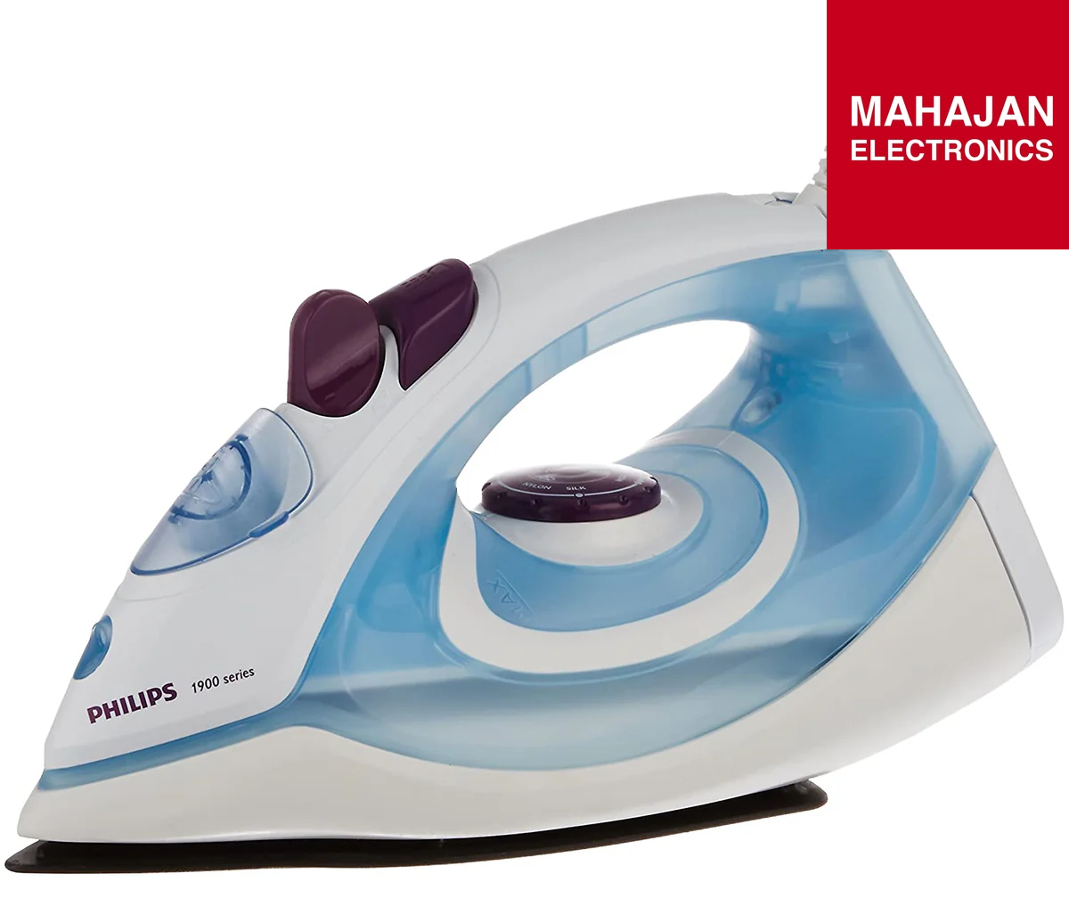 Philips steam iron with a white and blue design on a white background, branded by Mahajan Electronics.