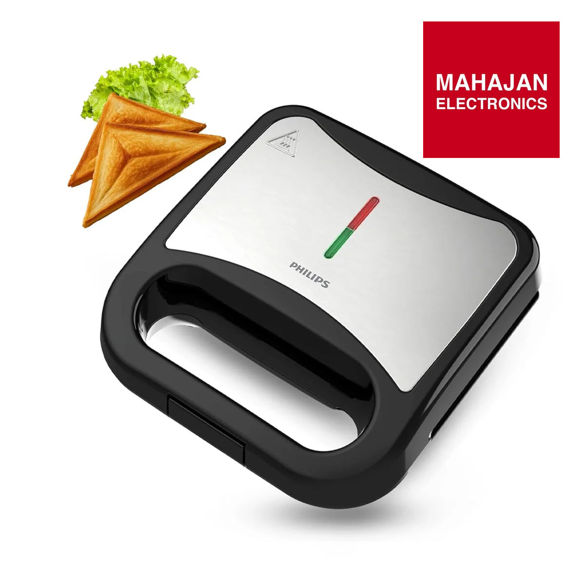Philips sandwich toaster with toast and lettuce on a white background, featuring the Mahajan Electronics logo.