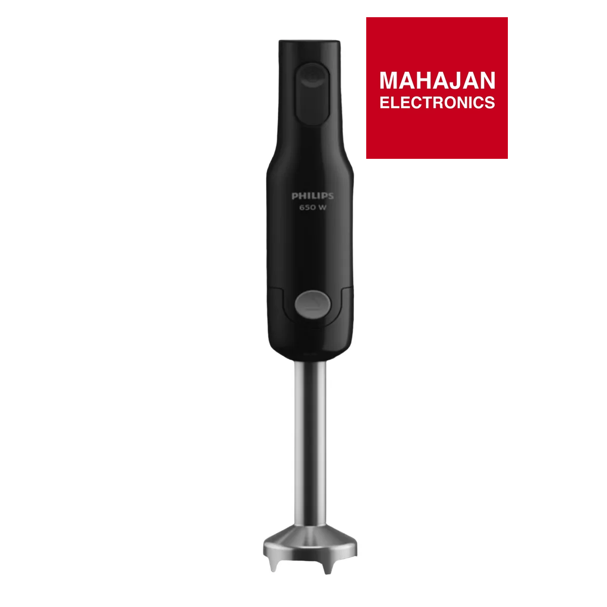 Black Philips hand blender with Mahajan Electronics logo on a white background
