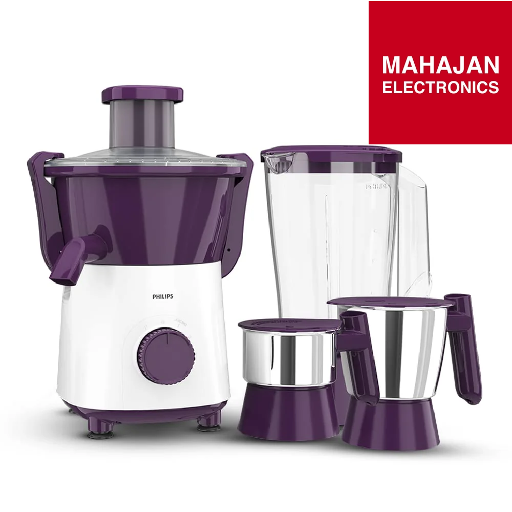 Philips juicer set with purple accents on a white background, branded as Mahajan Electronics.