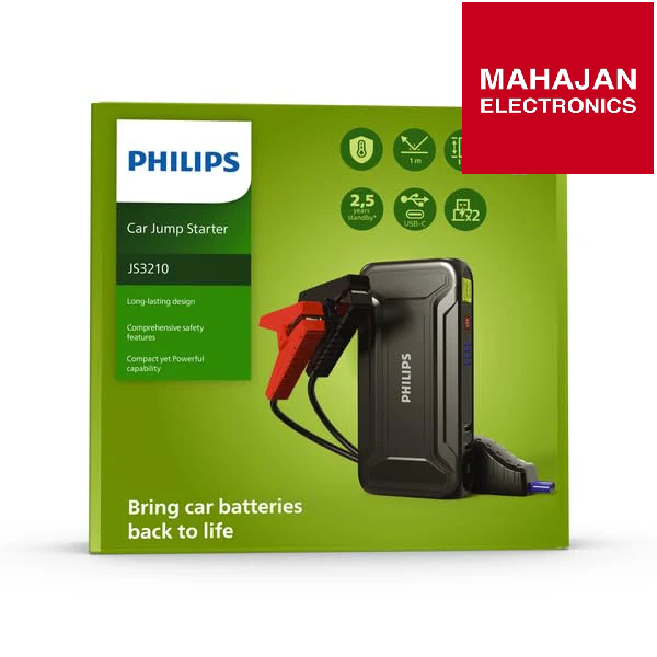 Philips car jump starter packaging with visible branding on a white background