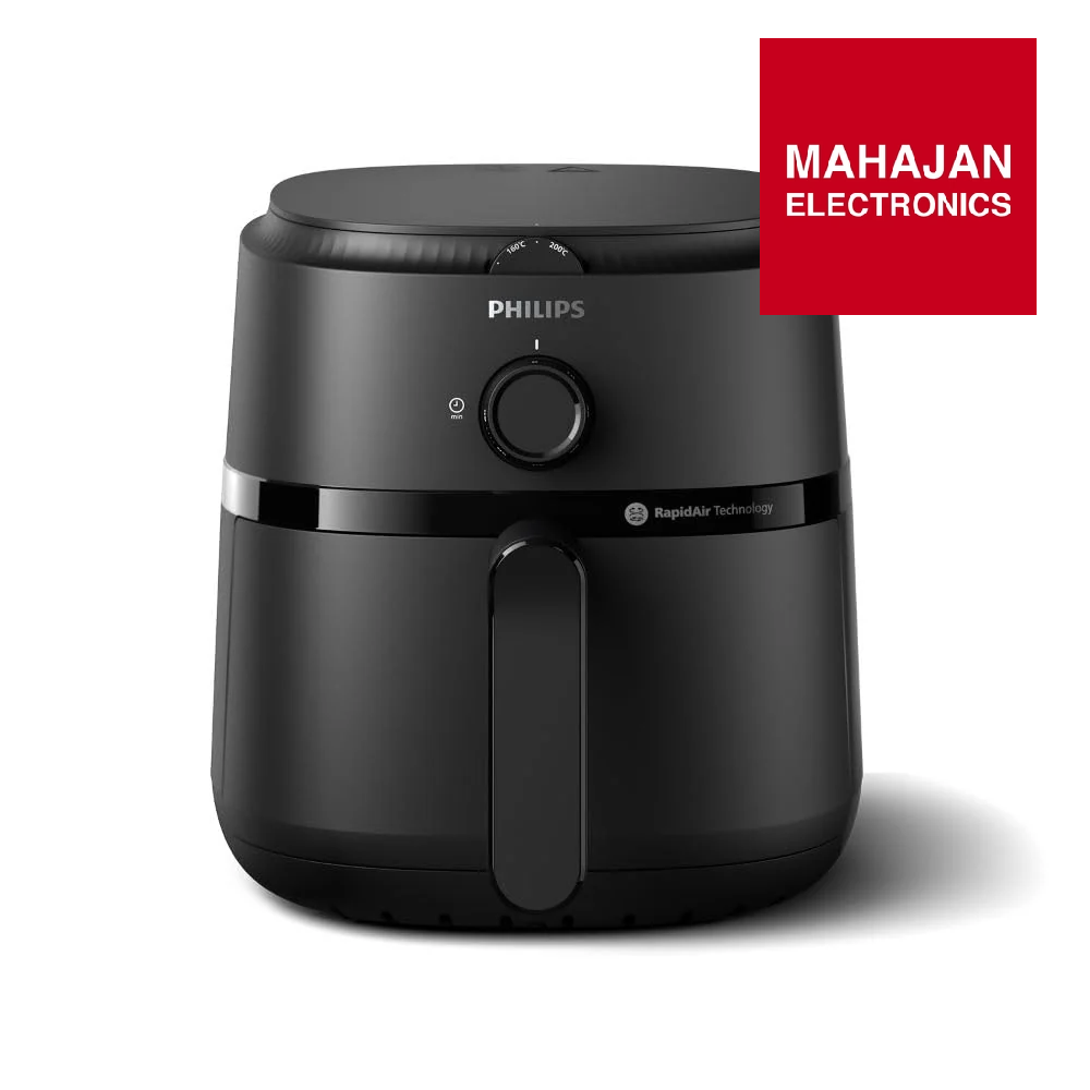 Black Philips air fryer with Mahajan Electronics logo on a white background