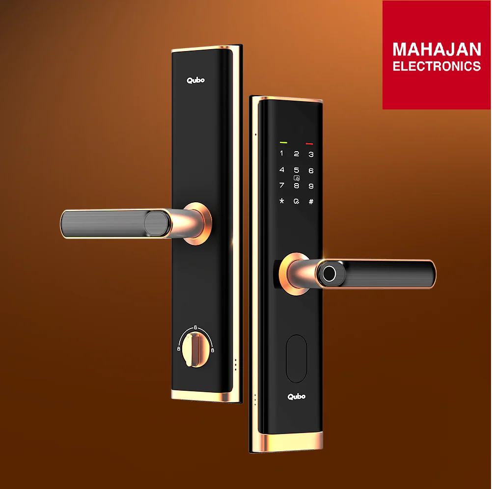 Digital door handle with keypad on a brown background, featuring the Mahajan Electronics logo.