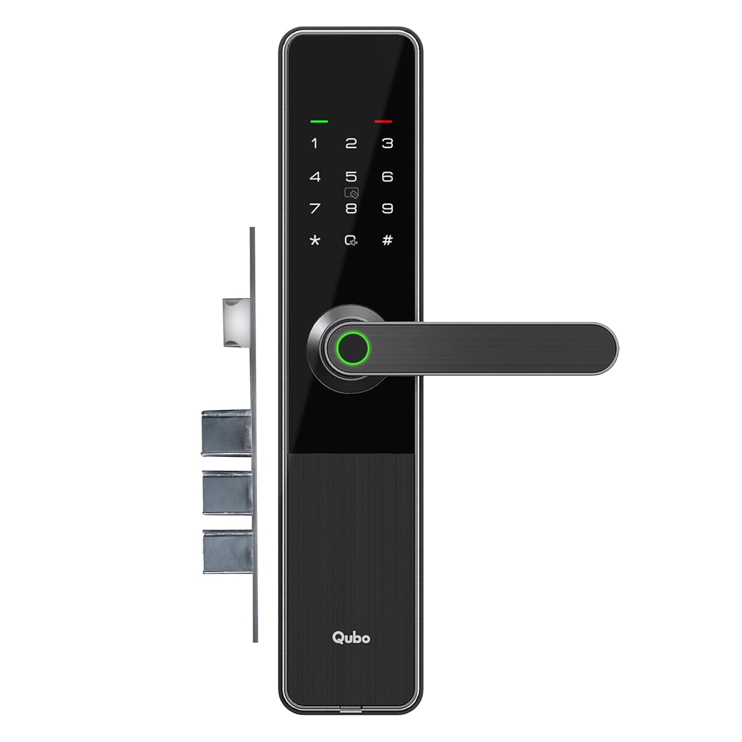 Qubo Smart Door Lock Optima from Hero Group | 4 Bolts | Fingerprint | PIN | Access Cards | Mechanical Key | Passage Mode | 2 Years Brand Warranty | (Black) OC-HLM11BL1 Mahajan Electronics Online