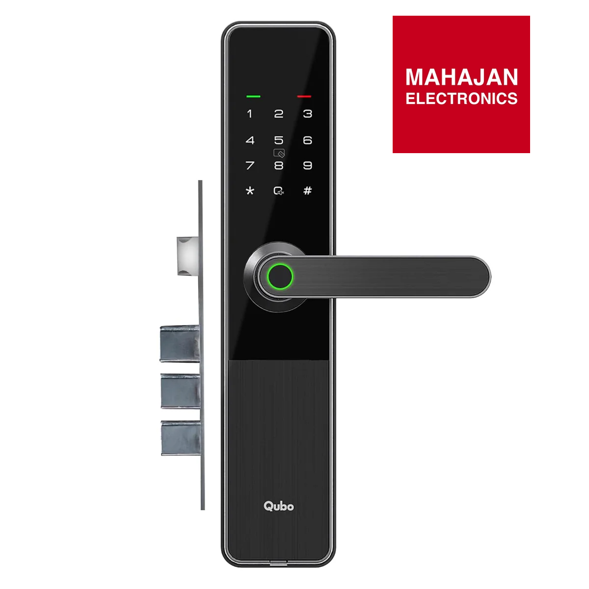 Digital door lock with keypad and handle, branded as Mahajan Electronics.