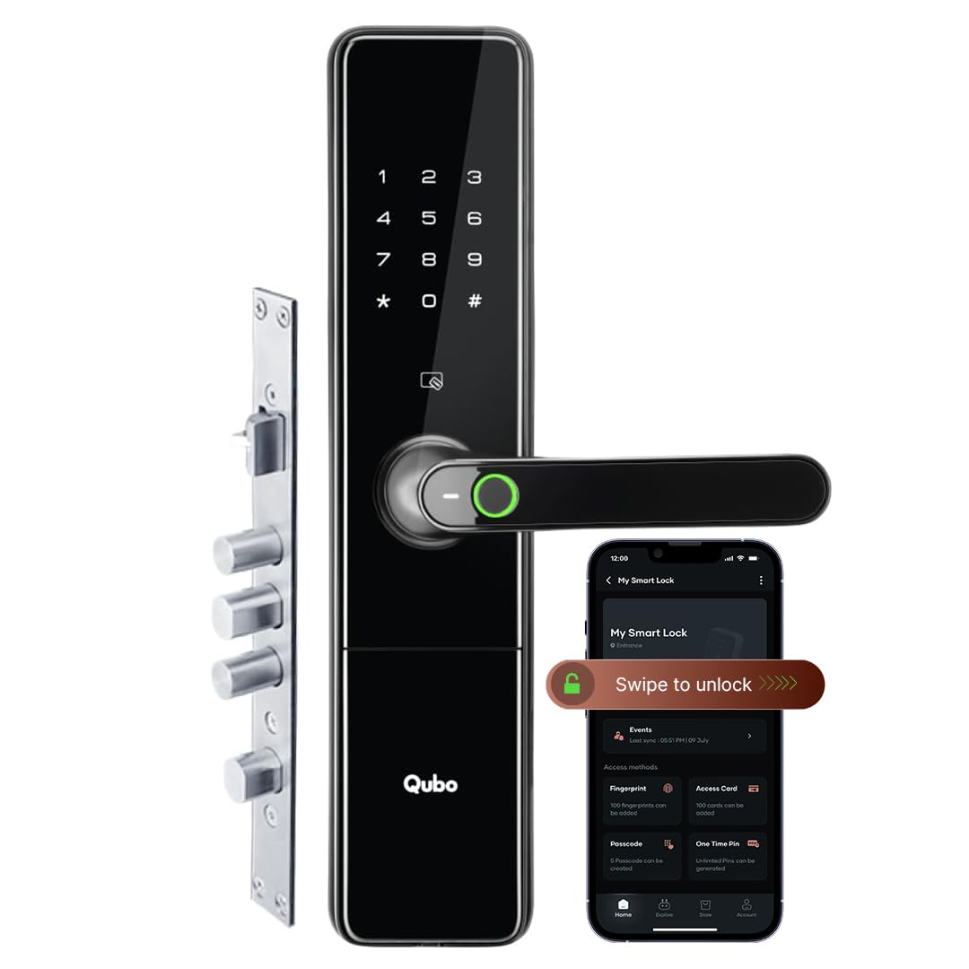 QUBO Smart Door Lock Ultra from Hero Group | 7-Way Unlocking | 5 Bolts | Fingerprint | Remote Unlocking via OTP | PIN | Access Card | Mobile App | Mechanical Key | 3 Years Brand Warranty | (Black) OC-HLM09BL1 Mahajan Electronics Online