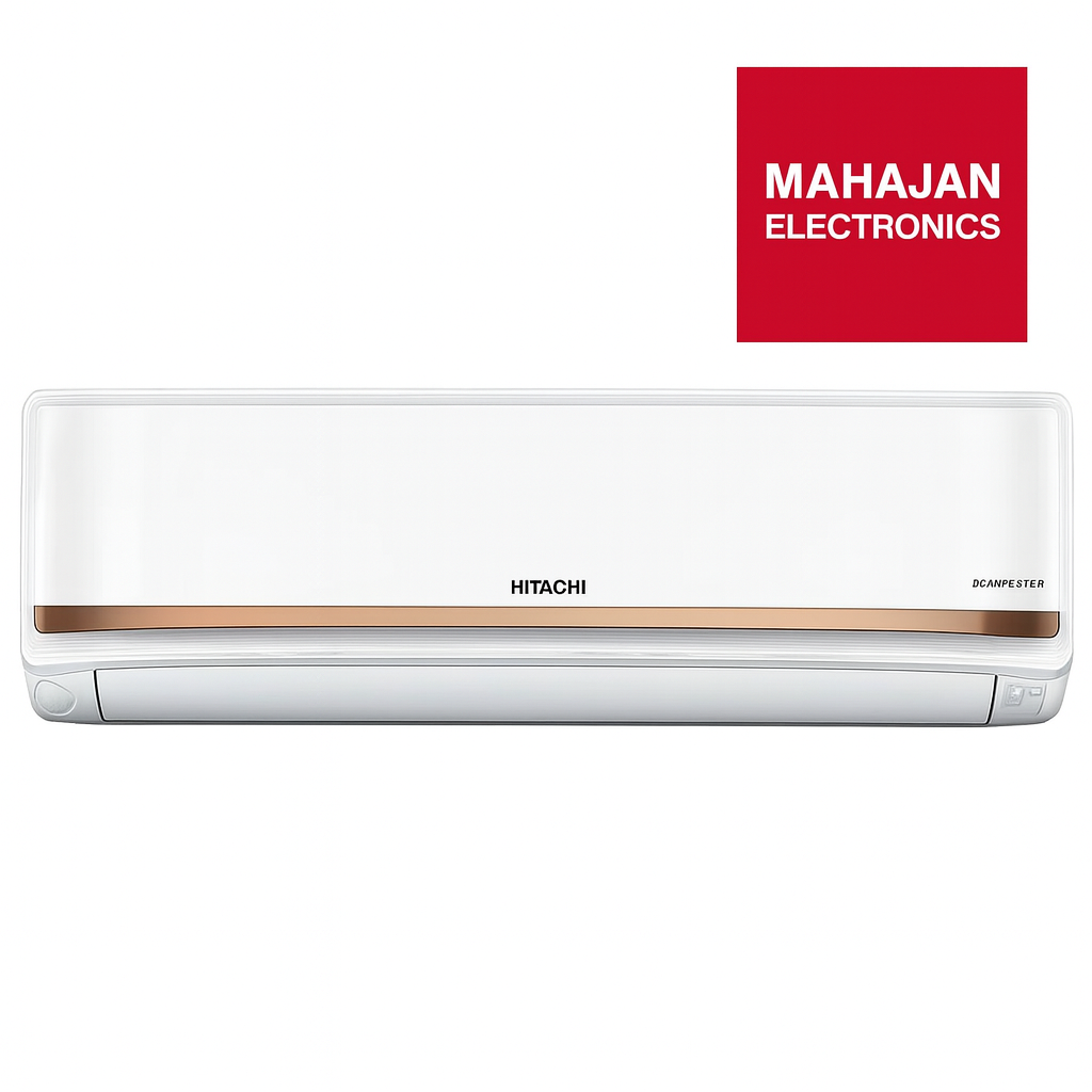 Hitachi air conditioner with Mahajan Electronics logo on a white background