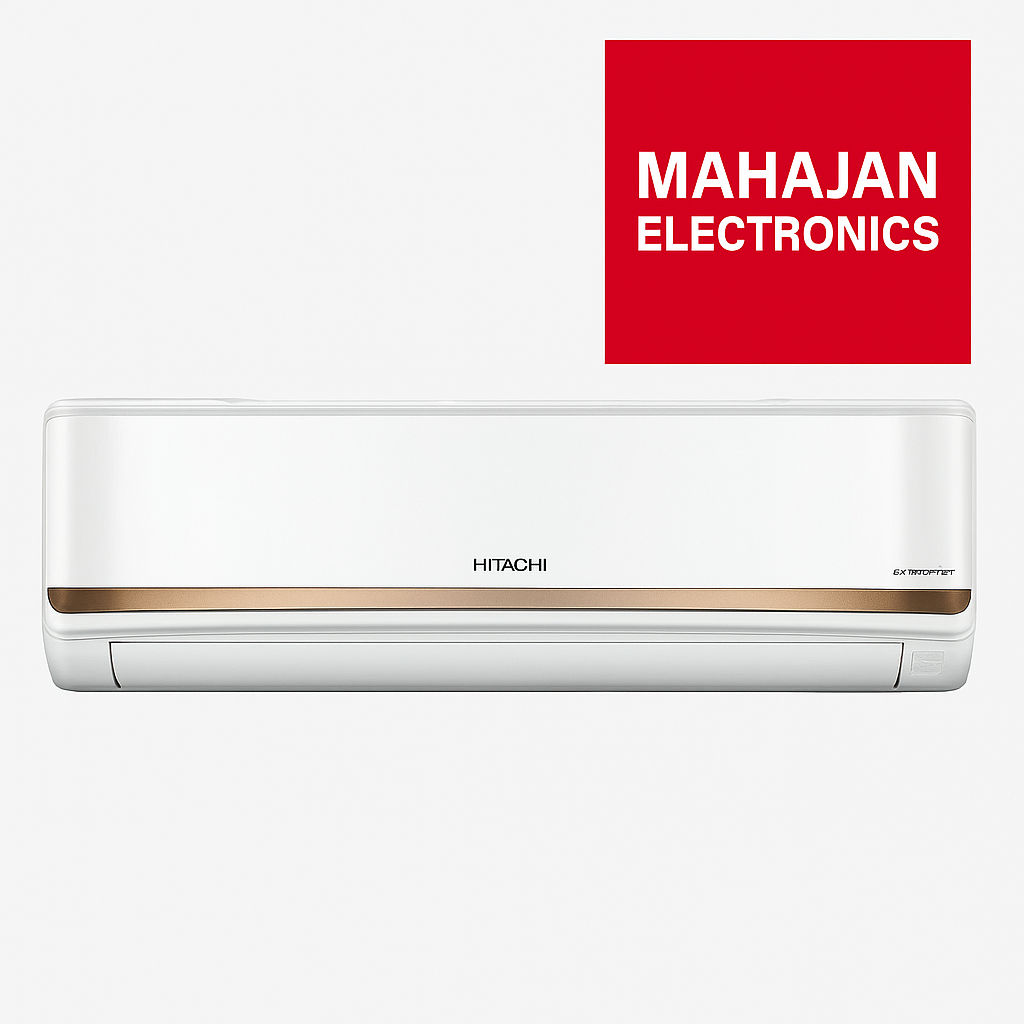 Hitachi air conditioner with Mahajan Electronics logo on a white background