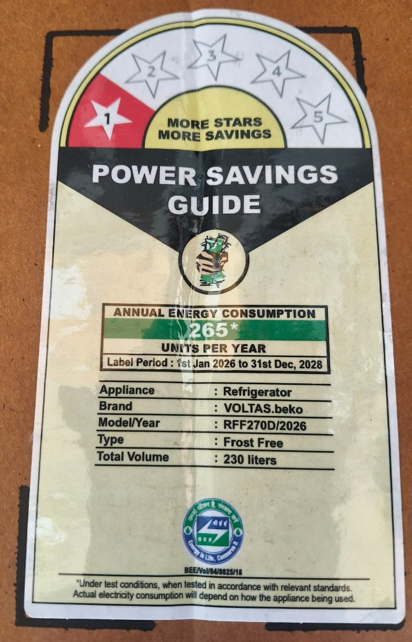 Voltas Beko RFF270D/1W0V100RXID 230L 1 Star Frost Free Double Door Refrigerator | Inverter Compressor, NeoFrost Dual Cooling, StoreFresh+ Crisper – Brushed Silver | 2026 Model