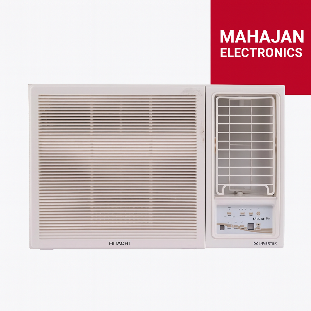 Hitachi window air conditioner with Mahajan Electronics logo on a white background