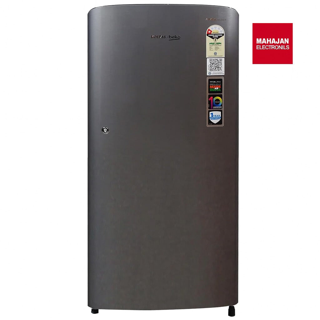 Gray refrigerator with Mahajan Electronics logo on a white background
