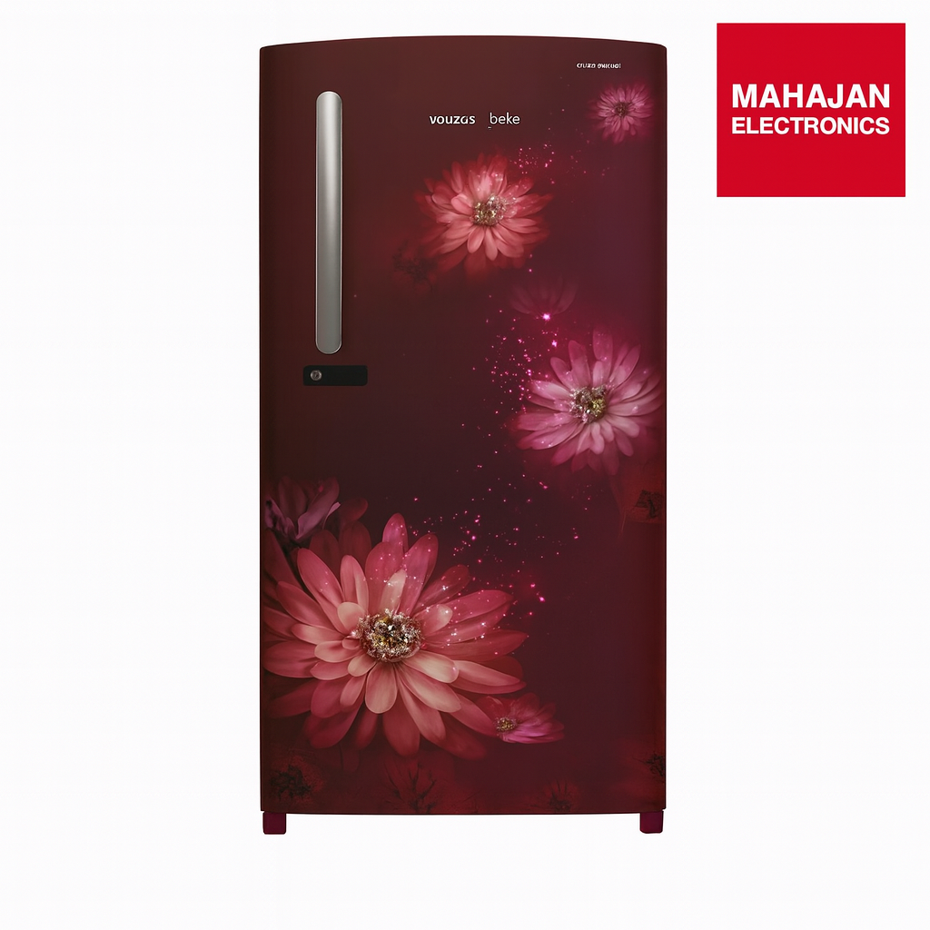 Red refrigerator with floral design on a white background, featuring Mahajan Electronics logo.
