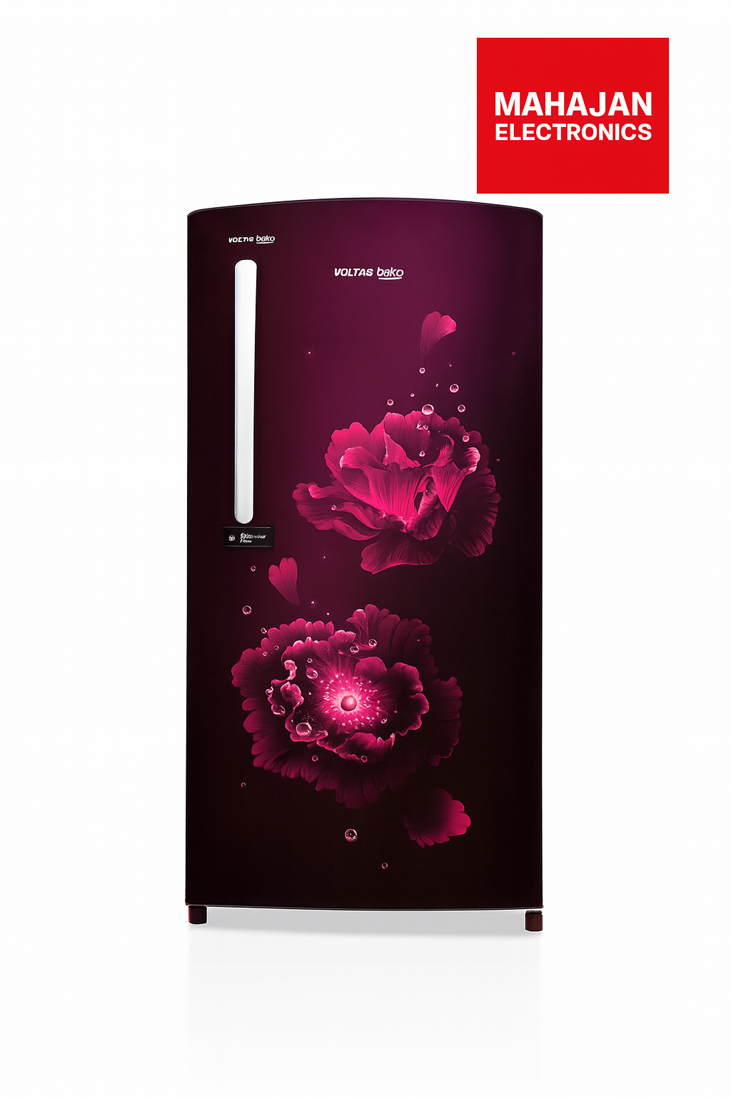 refrigerator with pink floral design on a white background, featuring Mahajan Electronics logo