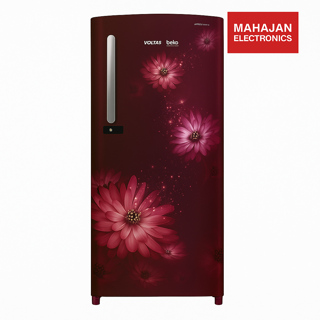 Red refrigerator with floral design on a white background, featuring Volts logo.