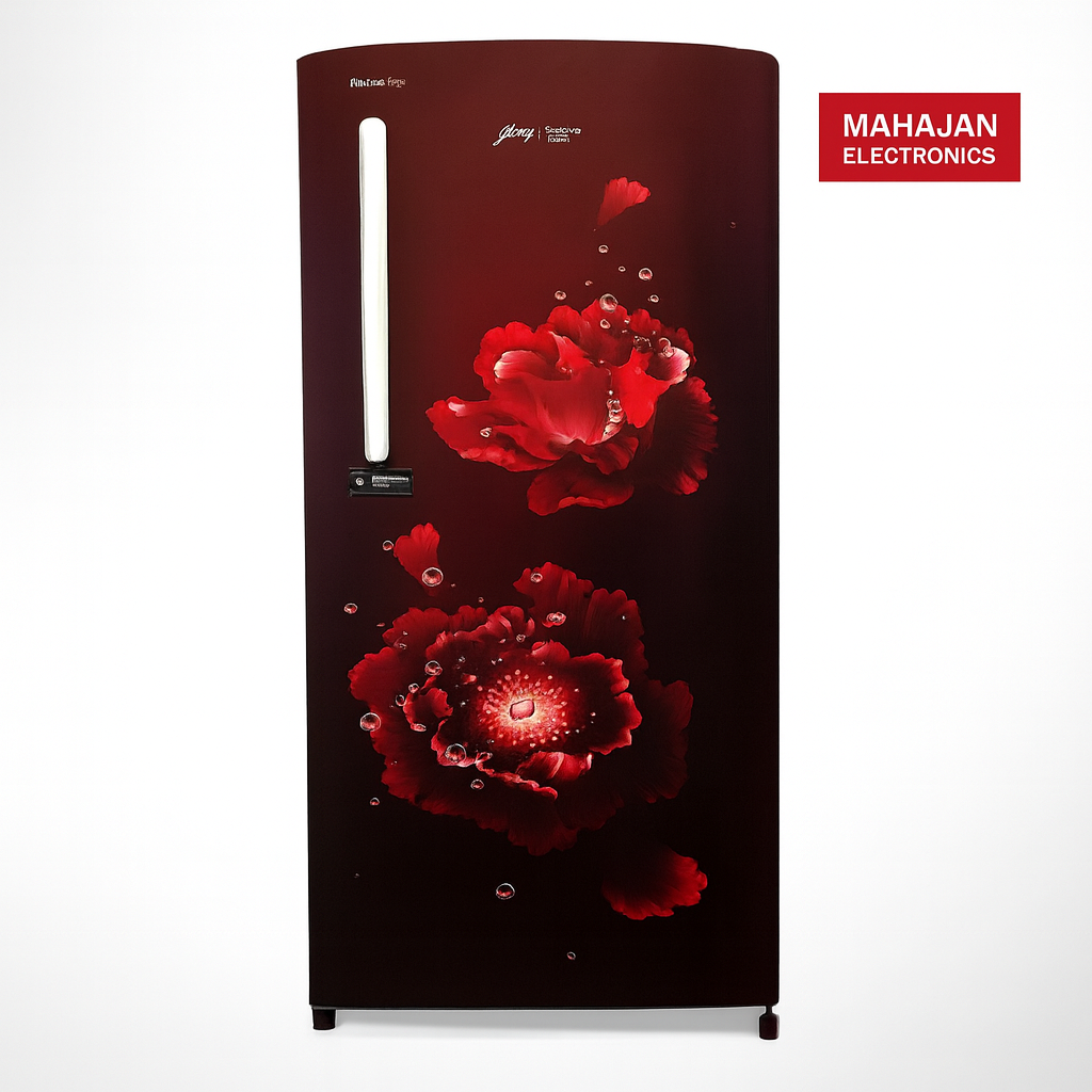 Red refrigerator with floral design on a white background, featuring the Mahajan Electronics logo.