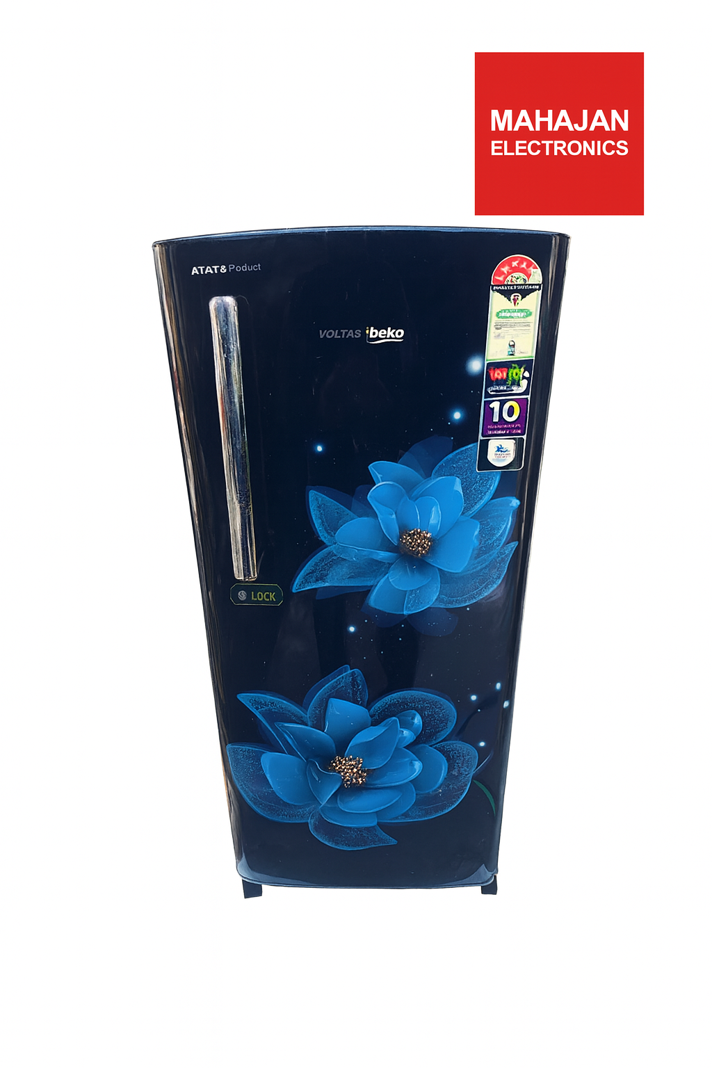 Refrigerator with blue floral design on a white background, featuring Mahajan Electronics logo.