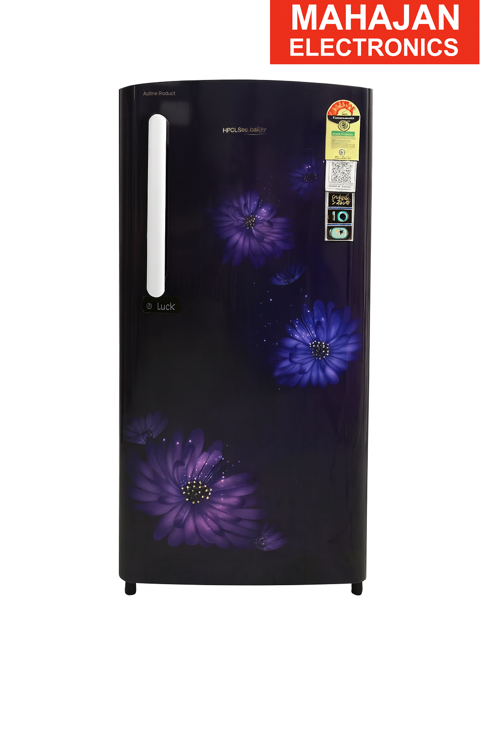 Black refrigerator with purple floral design on a white background, featuring Mahajan Electronics logo.