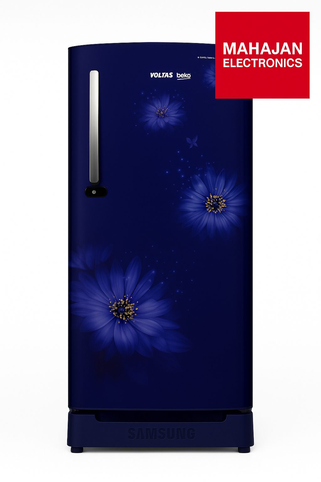 Blue refrigerator with floral design on a white background, featuring Voltsa Beko branding.