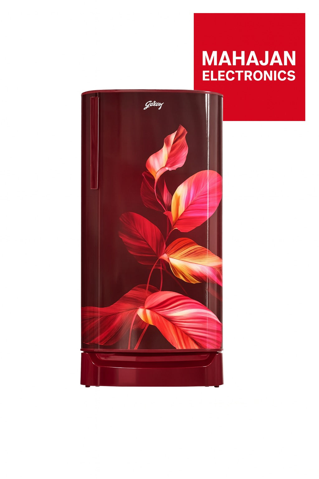 Red refrigerator with floral design on a white background, featuring the Mahajan Electronics logo.