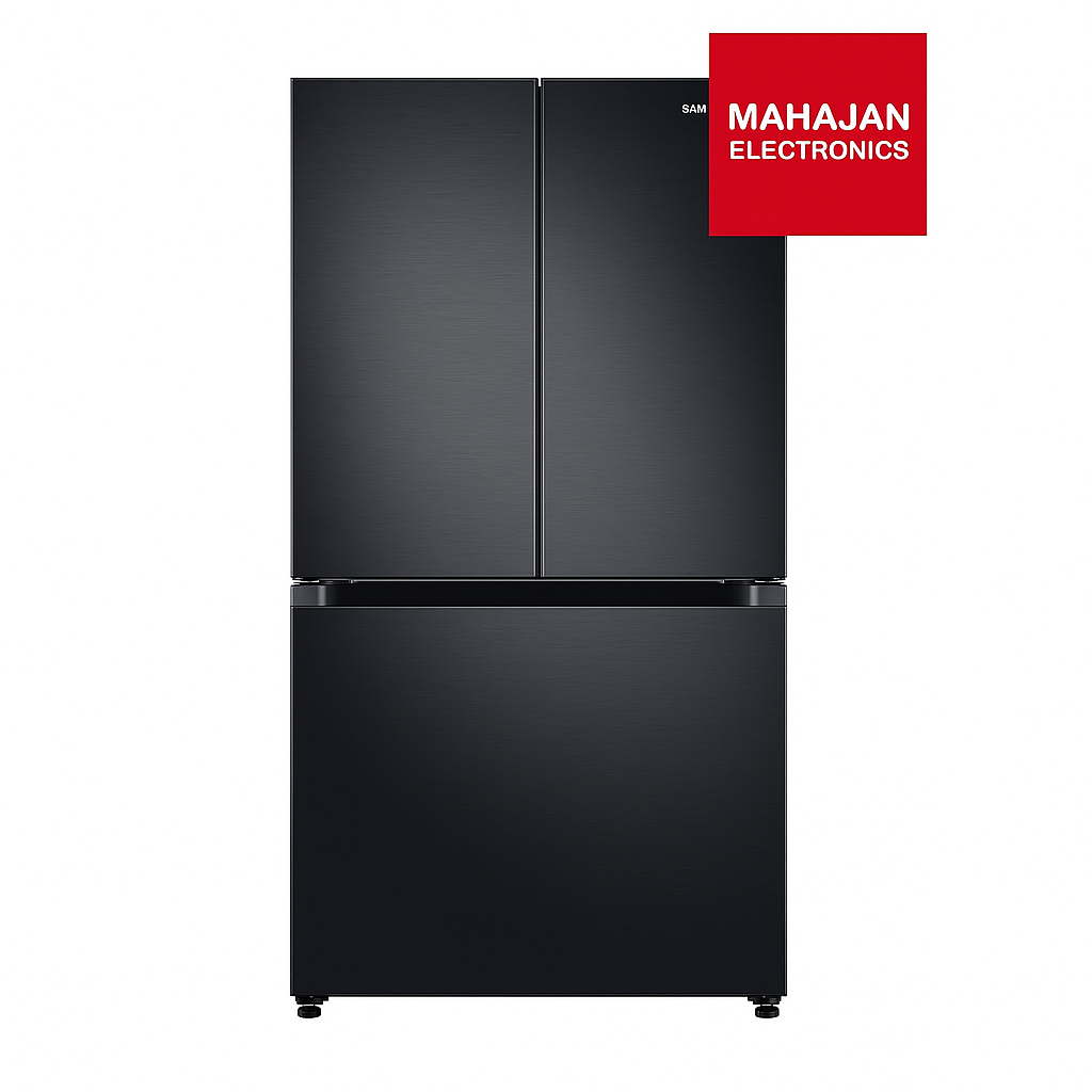 Black refrigerator with Mahajan Electronics logo on a white background