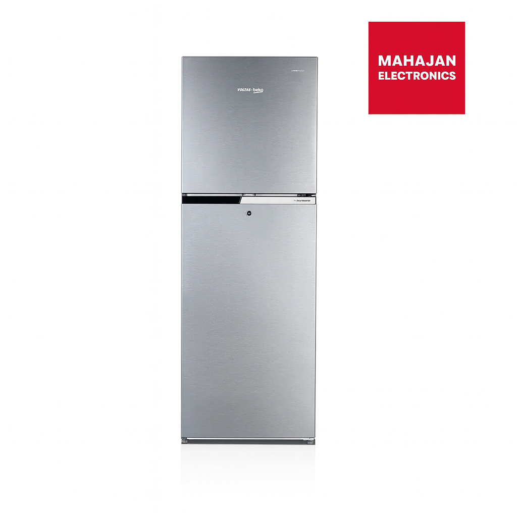 Stainless steel refrigerator with Mahajan Electronics logo on a white background