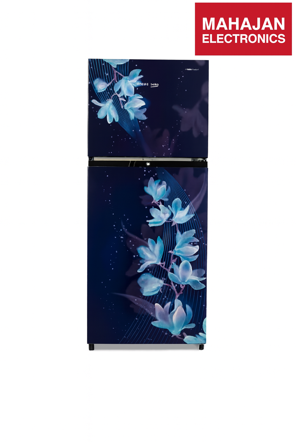 Floral design refrigerator with Mahajan Electronics logo on a white background