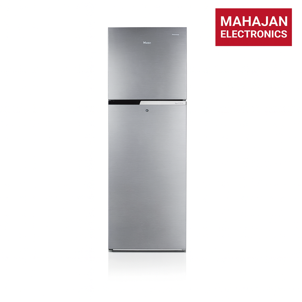 Stainless steel refrigerator with Mahajan Electronics logo on a white background