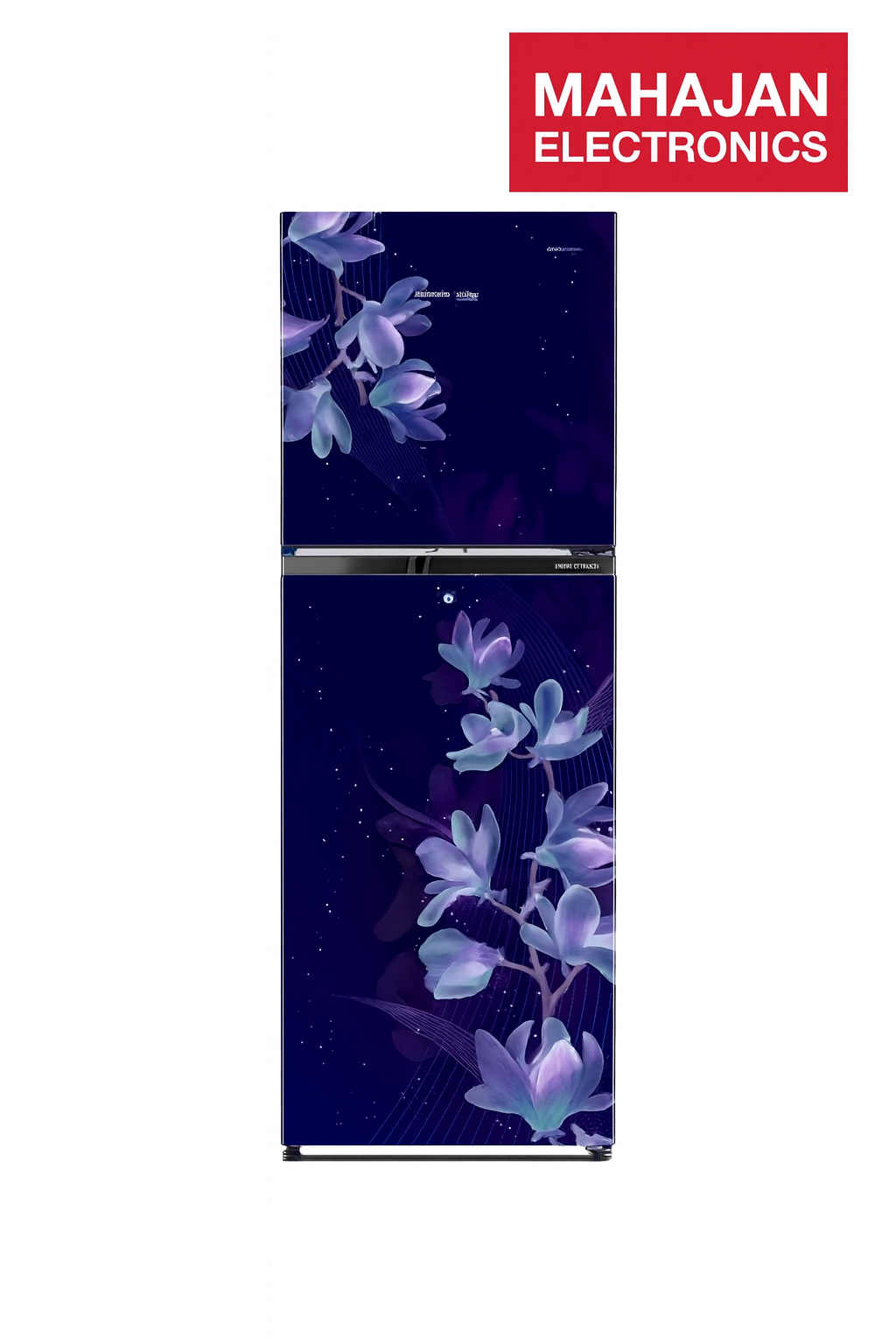Floral design refrigerator with Mahajan Electronics logo on a white background