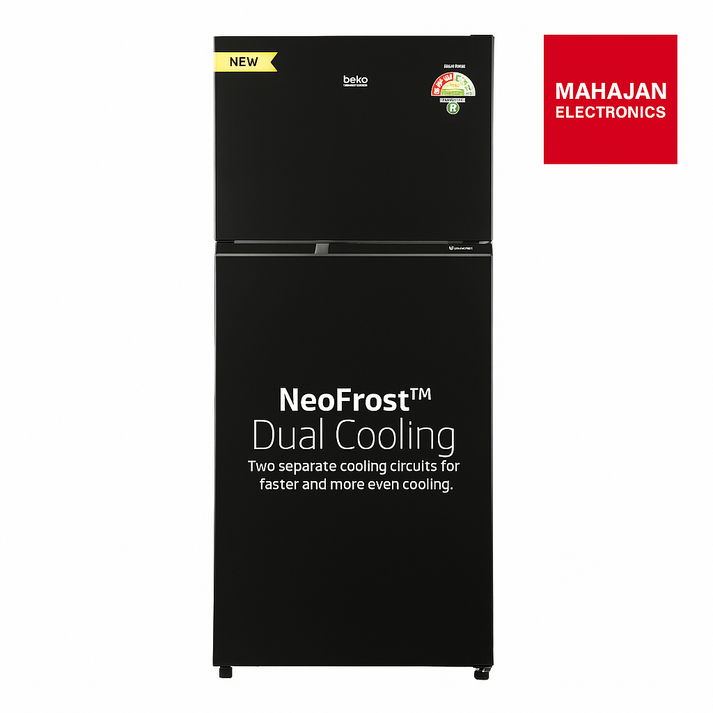 Black refrigerator with 'Neofrost Dual Cooling' feature and Mahajan Electronics logo.