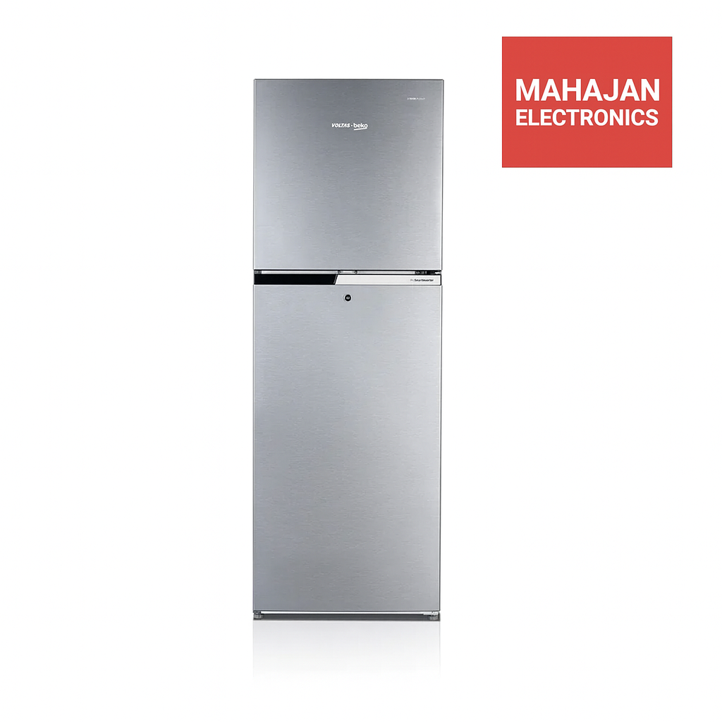Stainless steel refrigerator with Mahajan Electronics logo on a white background
