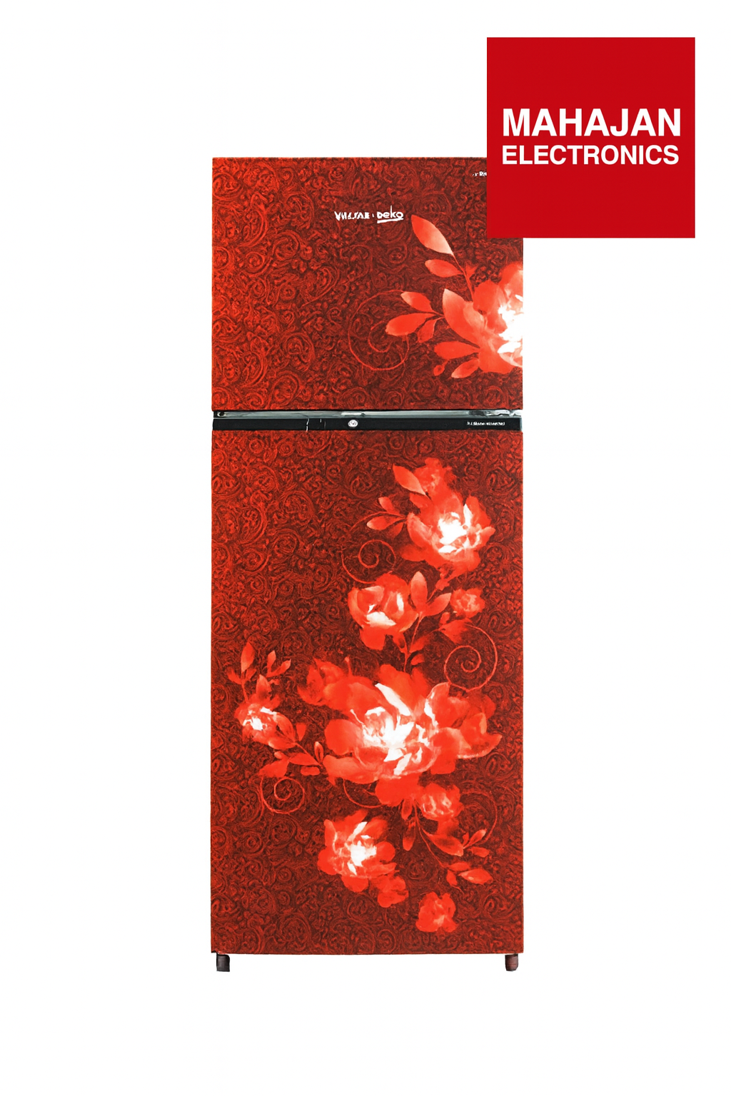 Red floral-patterned refrigerator with Mahajan Electronics logo