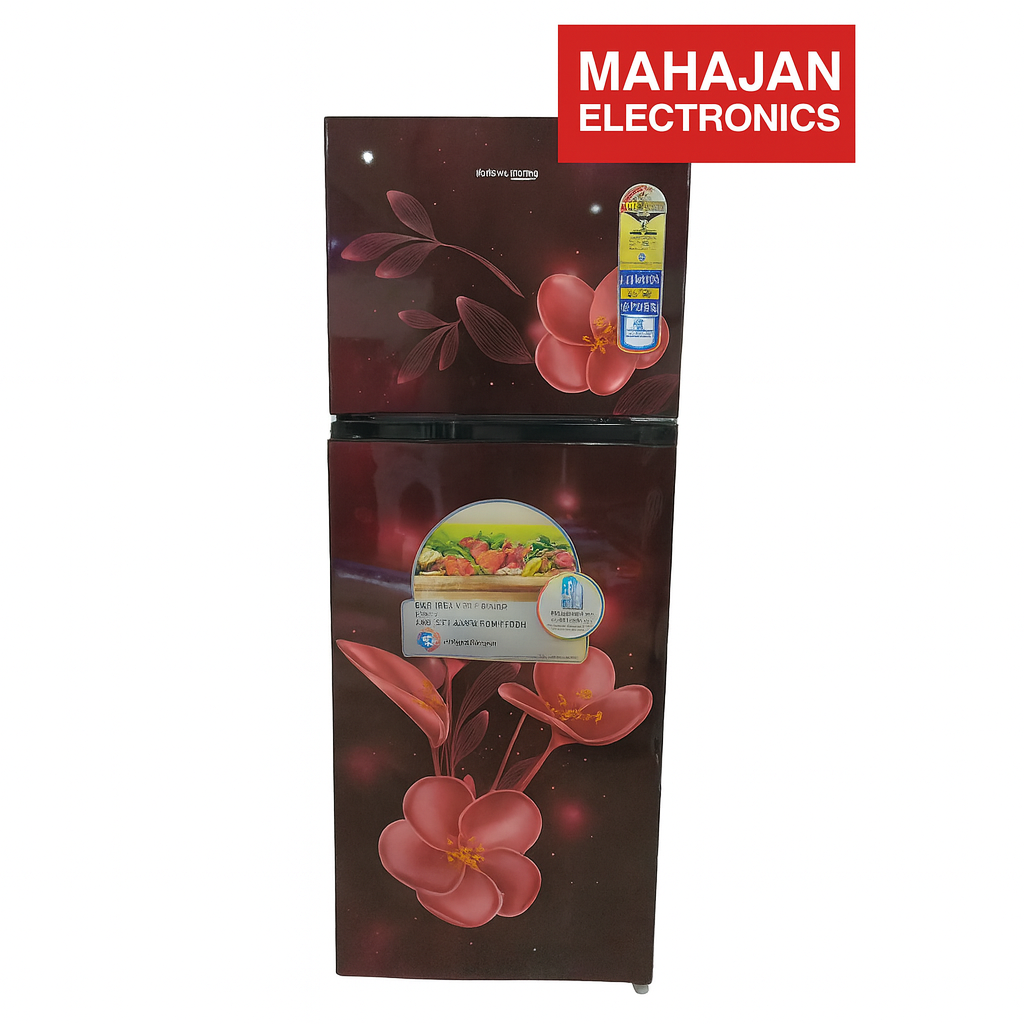 Mahajan Electronics refrigerator with floral design on a white background