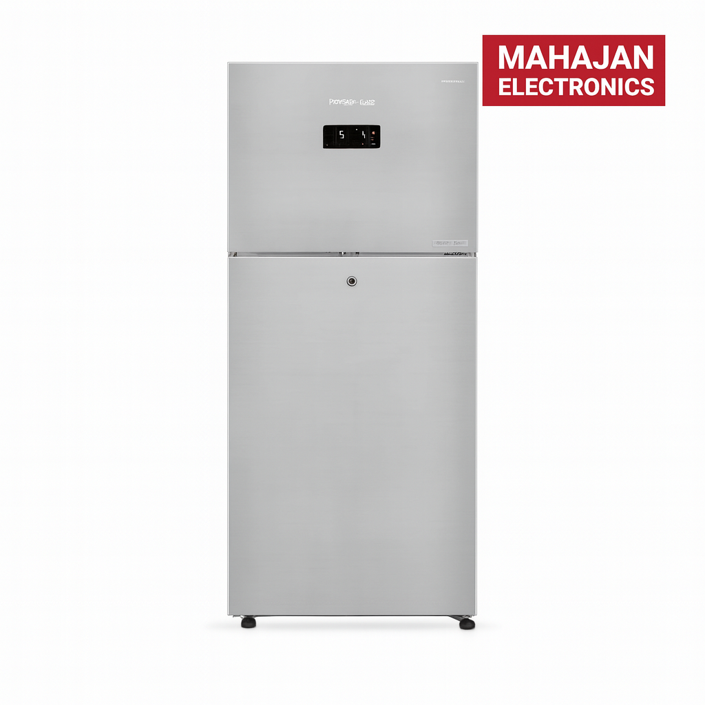 Stainless steel refrigerator with Mahajan Electronics logo on a white background