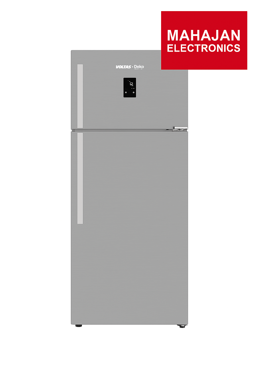 Gray refrigerator with Mahajan Electronics logo on a white background