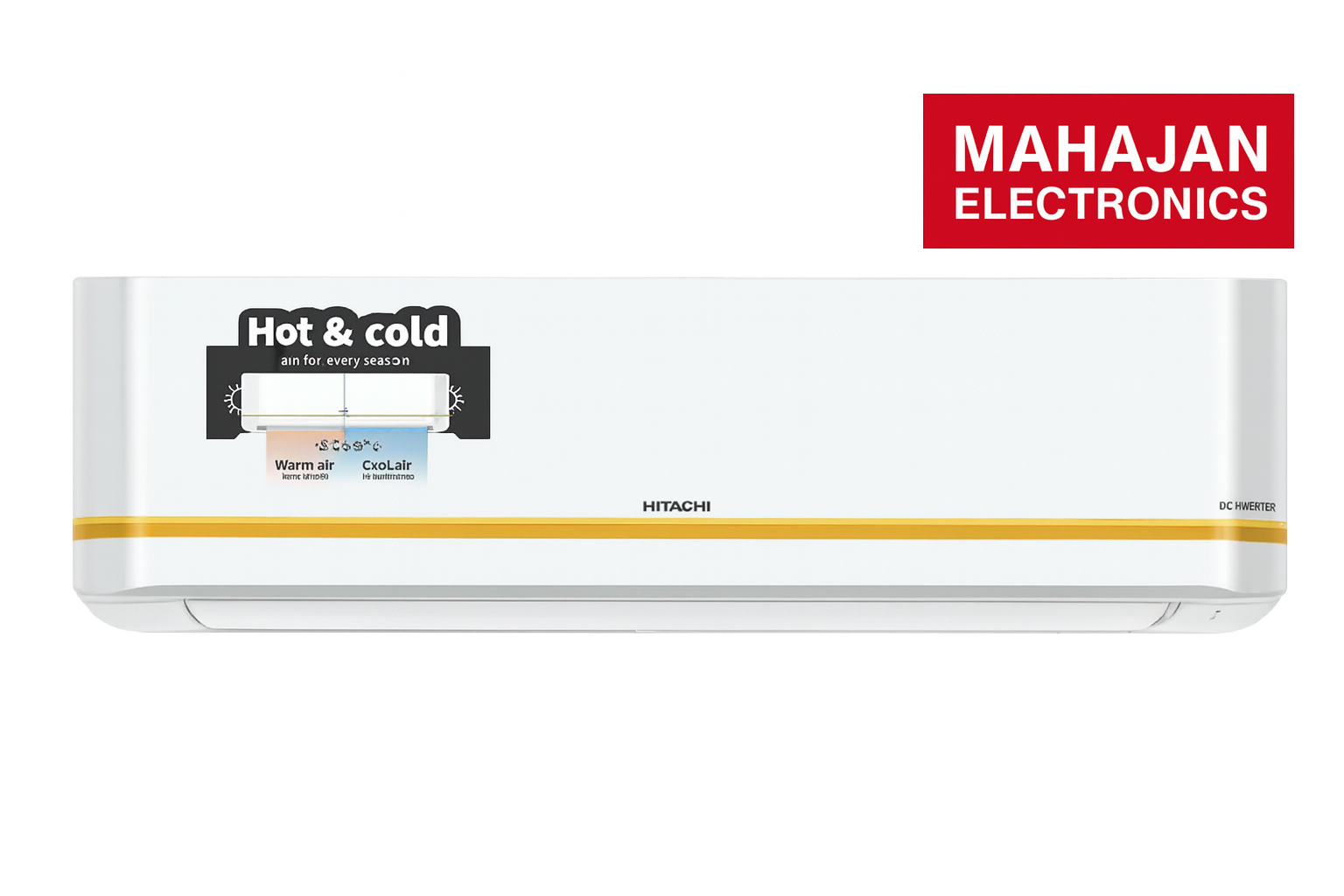 Hitachi air conditioner with Mahajan Electronics branding on a white background