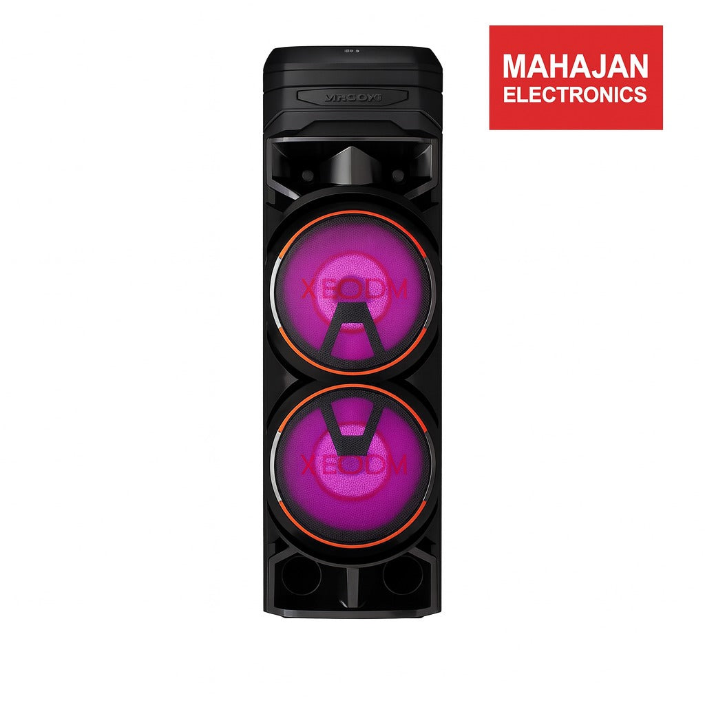 Black speaker with purple lights and 'MAHAJAN ELECTRONICS' logo on a white background