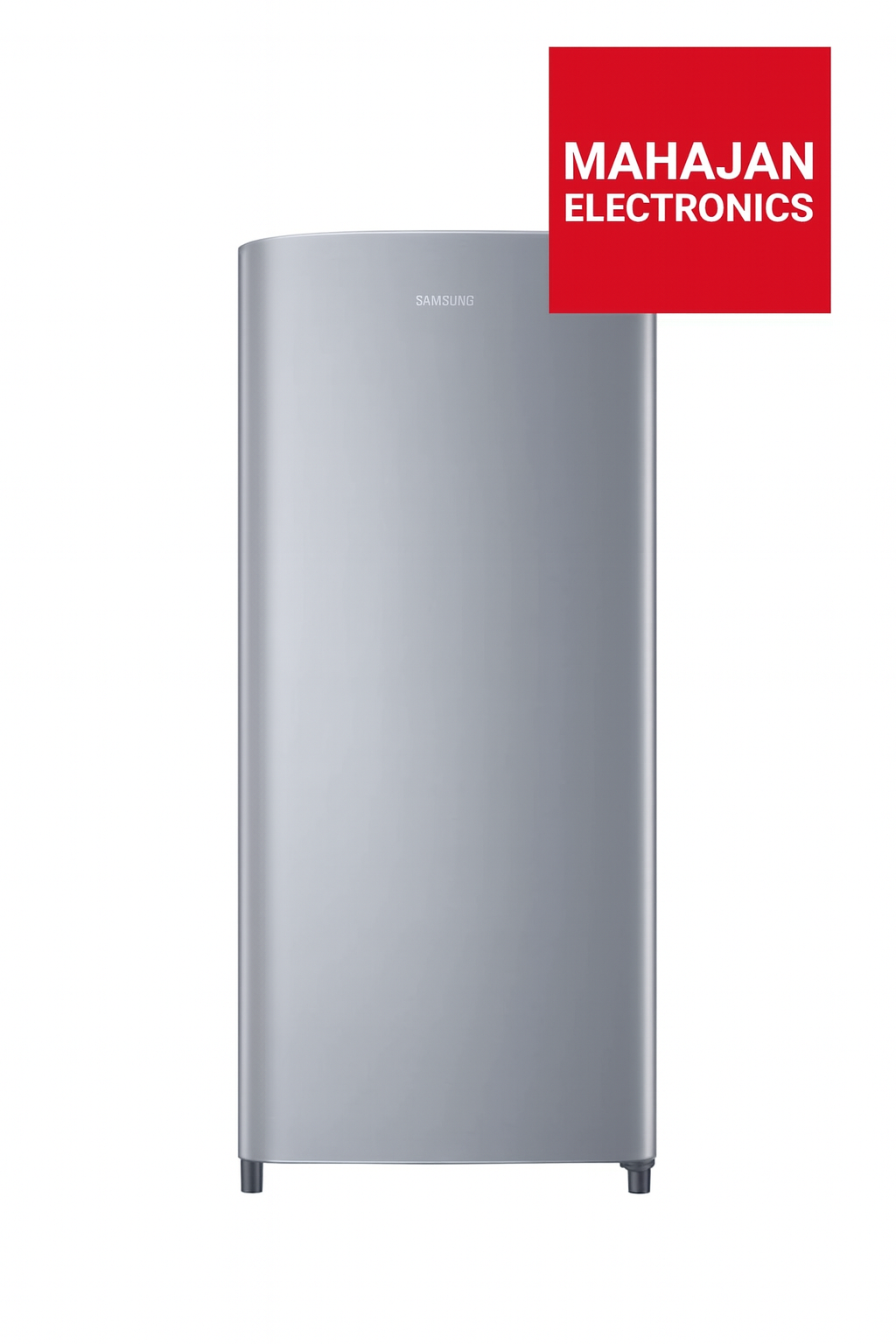 Silver refrigerator with Mahajan Electronics logo on a white background