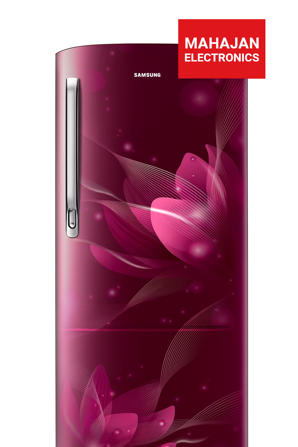 Samsung refrigerator with pink floral design on a white background, featuring Mahajan Electronics logo.