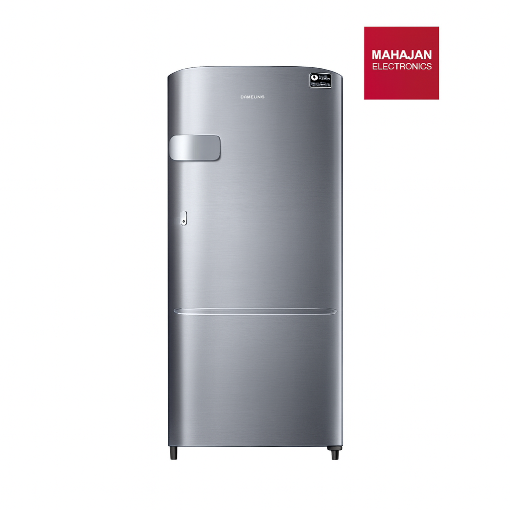 Silver refrigerator with Mahajan Electronics logo on a white background