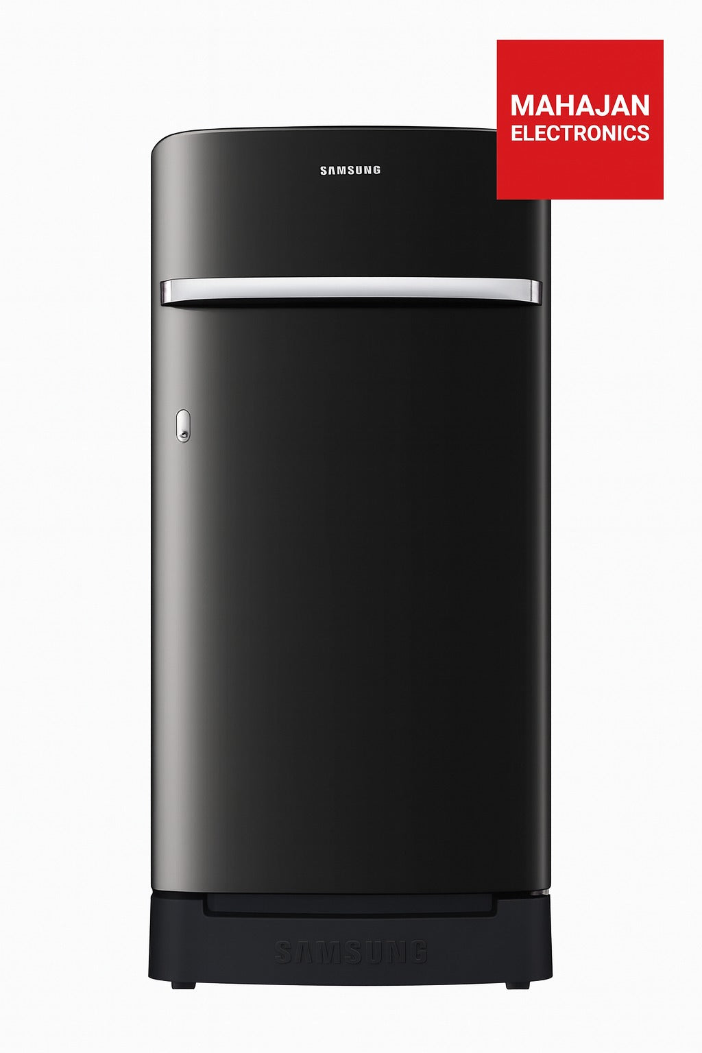 Black Samsung refrigerator with Mahajan Electronics logo on a white background