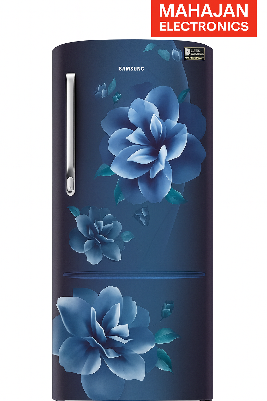 Samsung refrigerator with floral design on a white background, featuring the Mahajan Electronics logo.