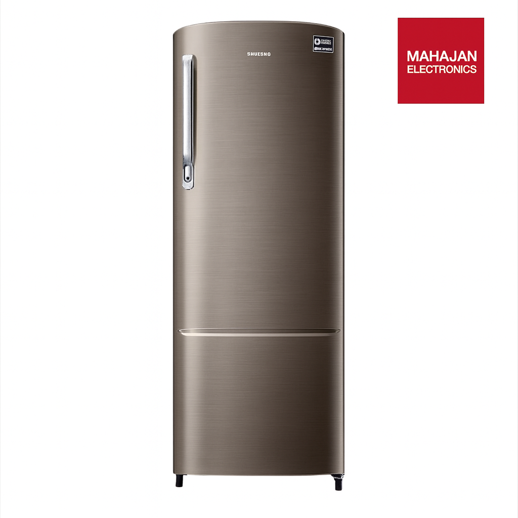 Brown refrigerator with Mahajan Electronics logo on a white background