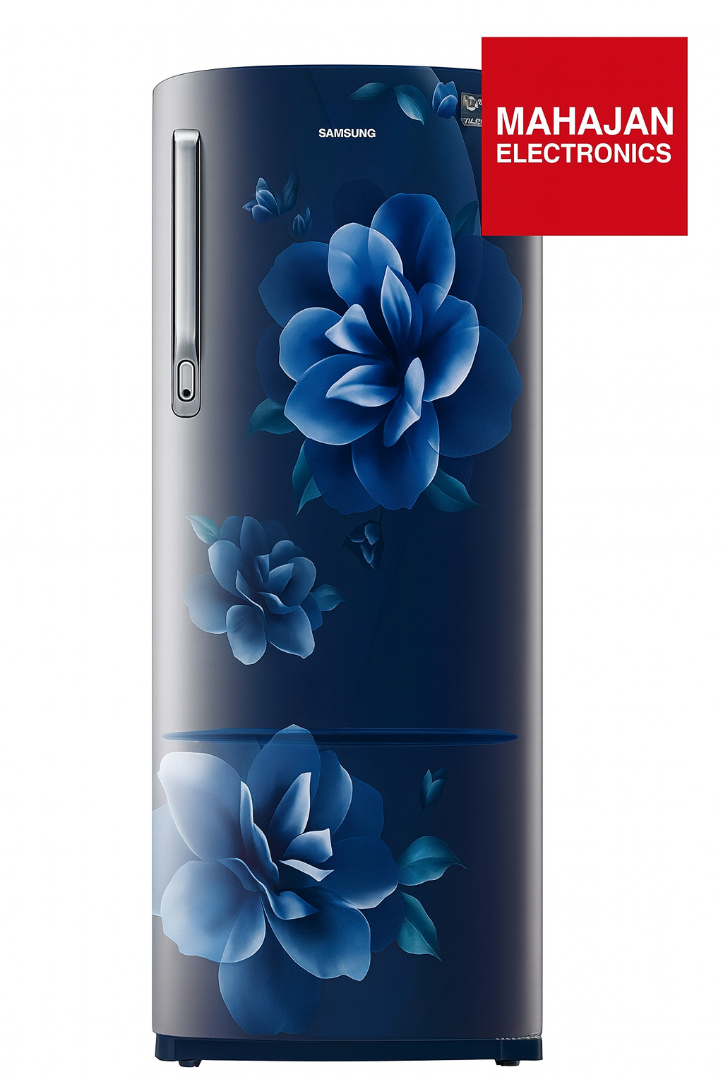 Samsung refrigerator with blue floral design on a white background, featuring Mahajan Electronics logo.