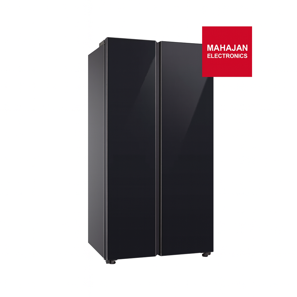 Black refrigerator with Mahajan Electronics logo on a white background