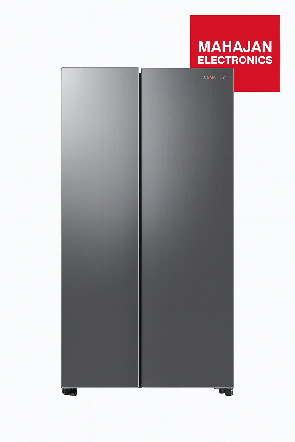 Stainless steel refrigerator with Mahajan Electronics logo on a white background